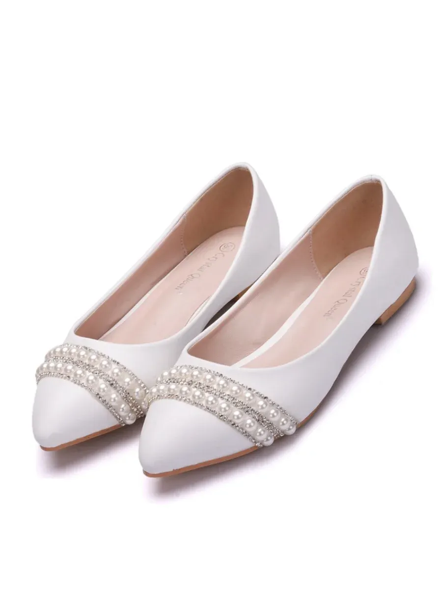 Simple Pu Plain Shallow Comfortable Flat Bridal Shoes Wedding Dress Tassels Pearls Rhinestones Evening Shoes White Women's Shoes