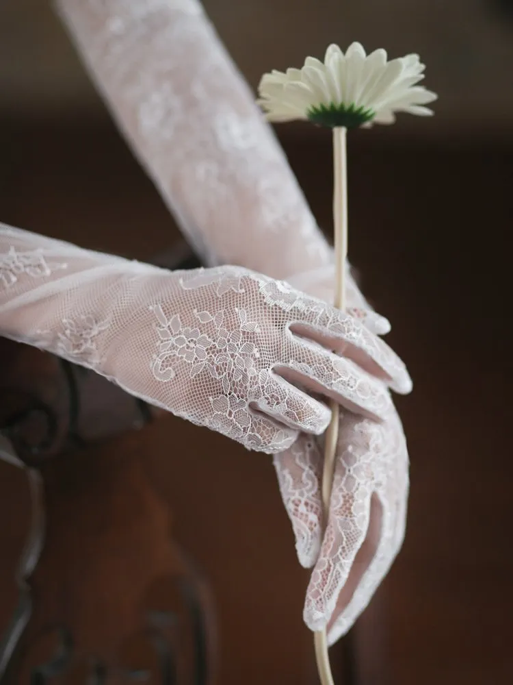 Floral Urban LaceBridal Ethereal White Floral Lace Tulle Tassel Gloves