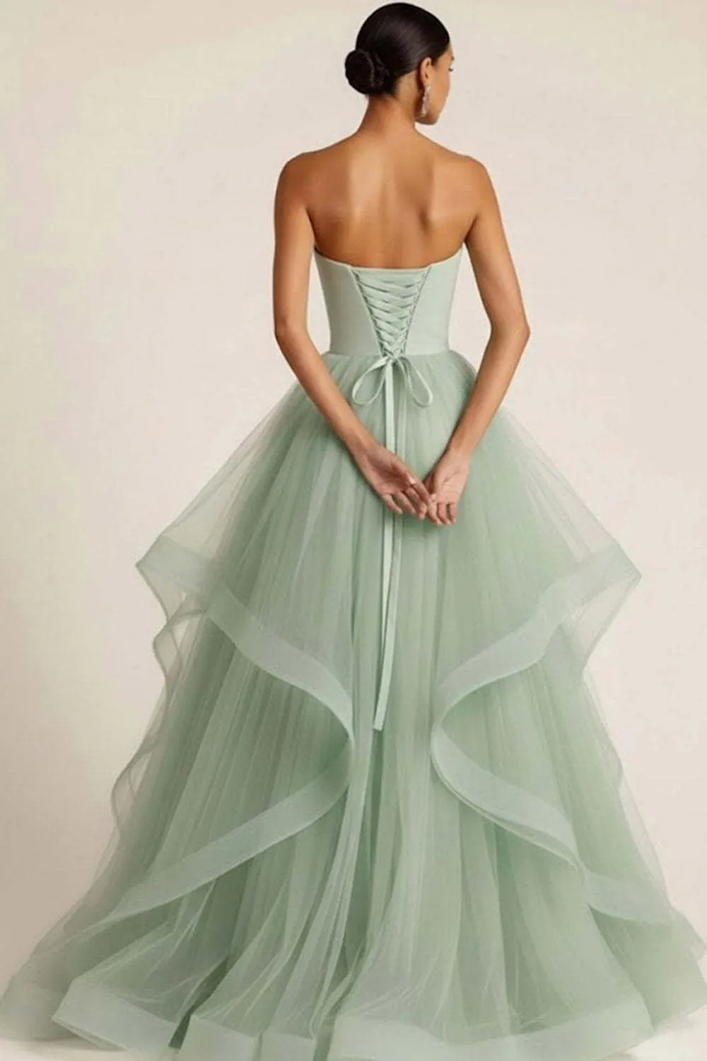 Light Green Sweetheart Tulle A Line Maxi Prom Dress with Ruffles