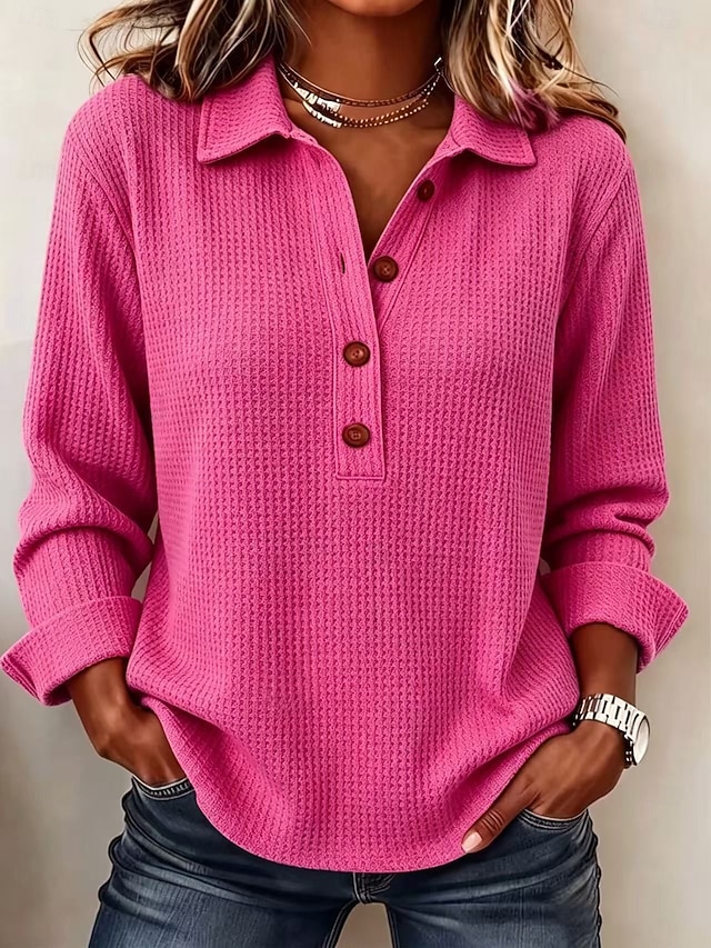 Women's Casual Vintage Waffle Shirt Texture Patchwork Buttons Solid Color Plain Long Sleeve Henry Collar Long Tops White claret sunflower color Black Olive Green Fall Spring, Fall, Winter, Summer - Rose Red