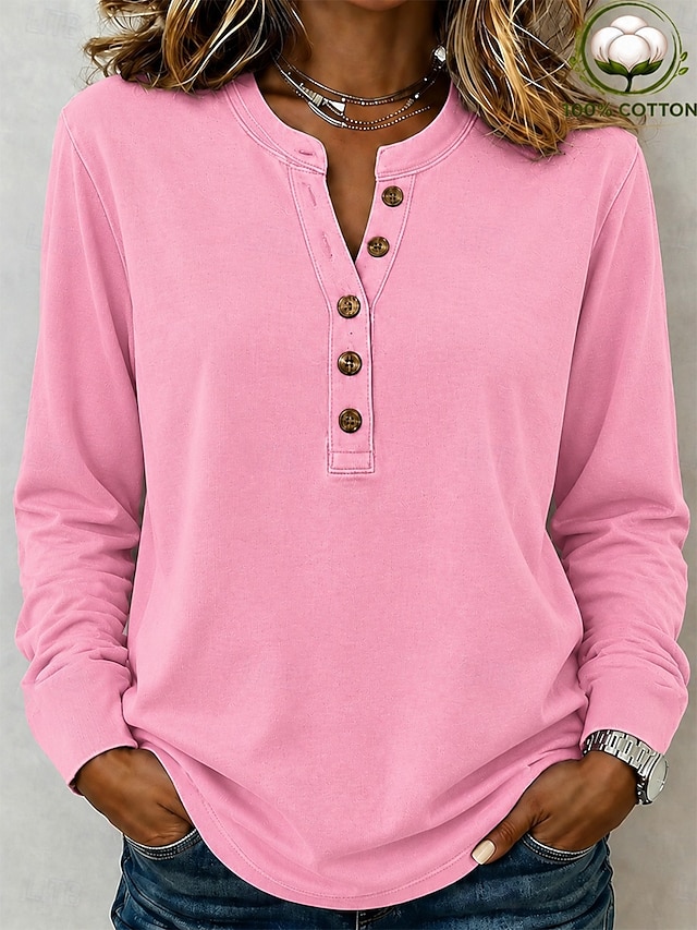 Women's Washed Cotton 100% Cotton Henley Shirt Acid Wash Vintage Washed Plain Vintage Fashion Stylish Sleeveless Short Sleeve Long Sleeve Henley Regular Tops Casual Beach Blue Pink Charcoal Grey - Charcoal Grey
