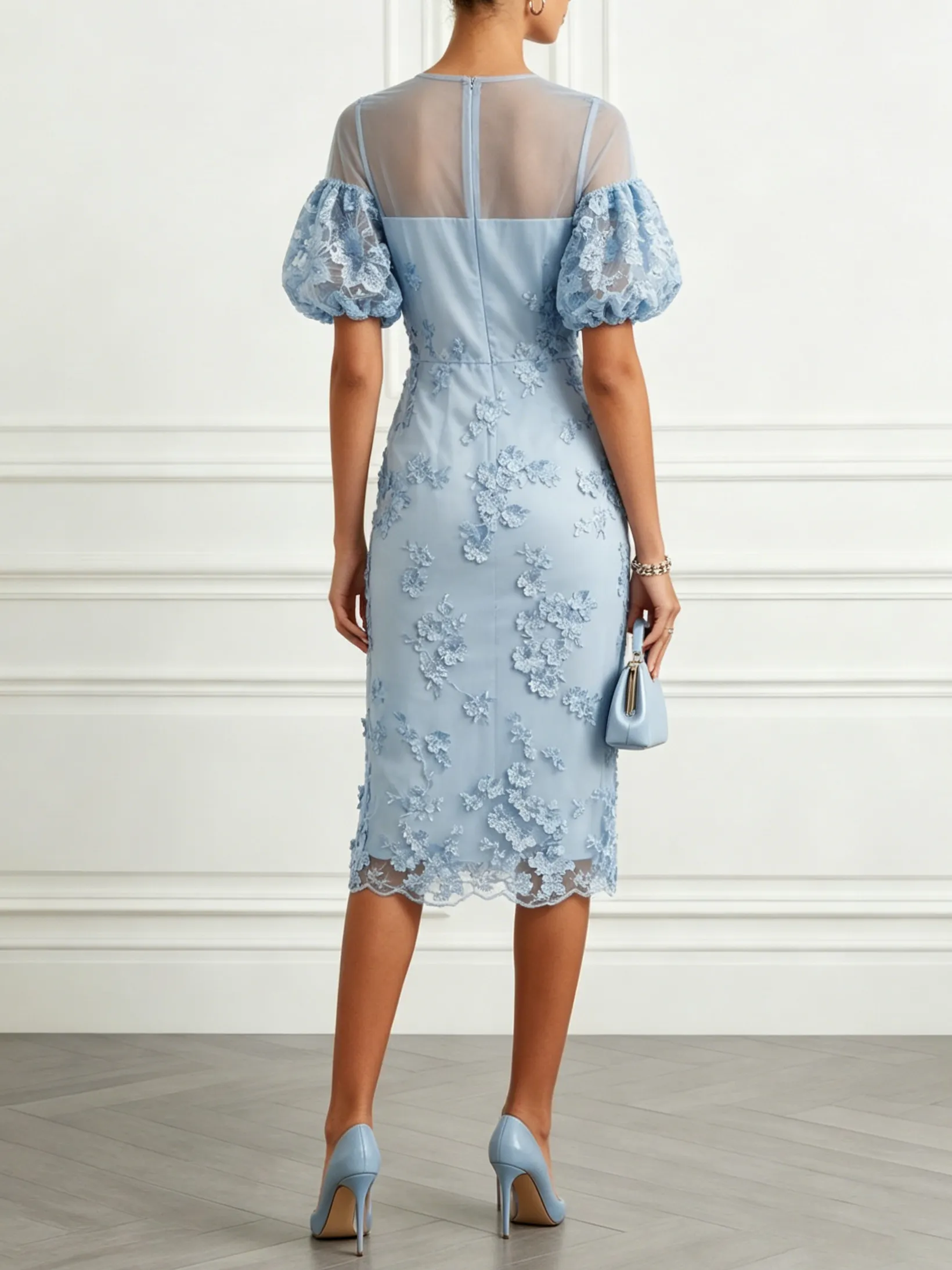 Light Blue 3D Floral Appliqué Lace Crew Neck Short Sleeve Puff Sleeve Sheath Midi Dress - Light Blue