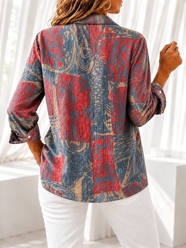 Women's Shirt Blouse Patchwork Buttons Print Ombre Floral Graphic Bohemia Vacation Vintage Long Sleeve Shirt Collar Regular Tops Casual Daily Blue Red Green Summer Spring Fall - Red