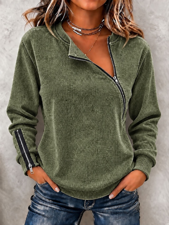 Women's Quarter-zip Sweatshirt Denim Hoodie Denim Shirt Cotton Patchwork Plain Vintage Fashion Stylish Long Sleeve Lapel Regular Tops Casual Beach Blue Khaki Green Spring Fall Winter - Green