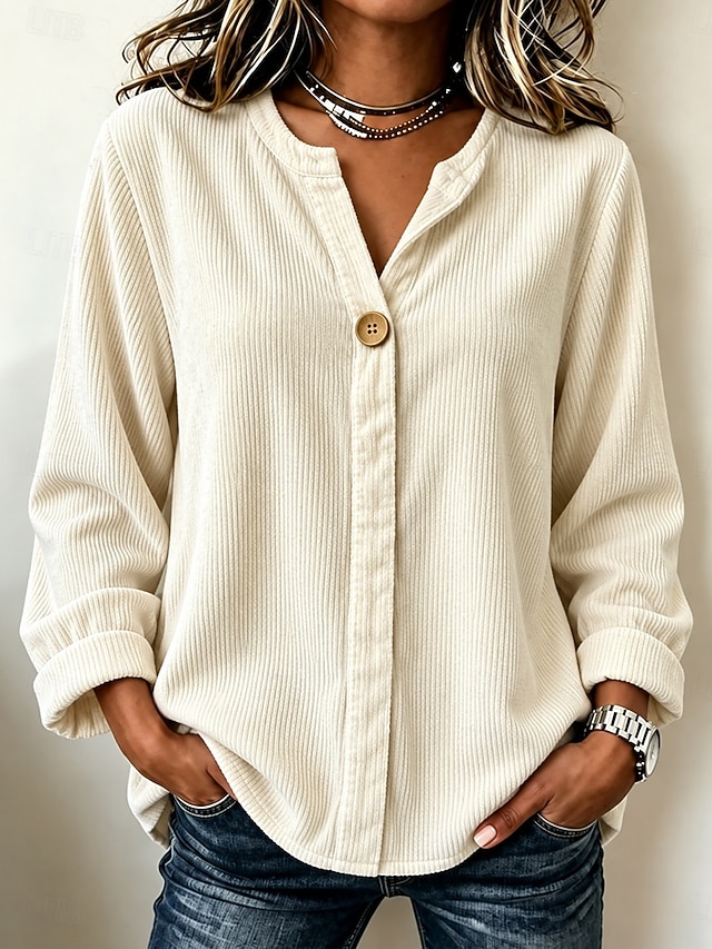 Women's Corduroy Shirt Blouse Ruffle Blouse Texture Buttons Solid Color Plain Vintage Daily Stylish Long Sleeve V Neck Regular Tops Casual Army Green Beige Gray Spring Fall Winter - Beige