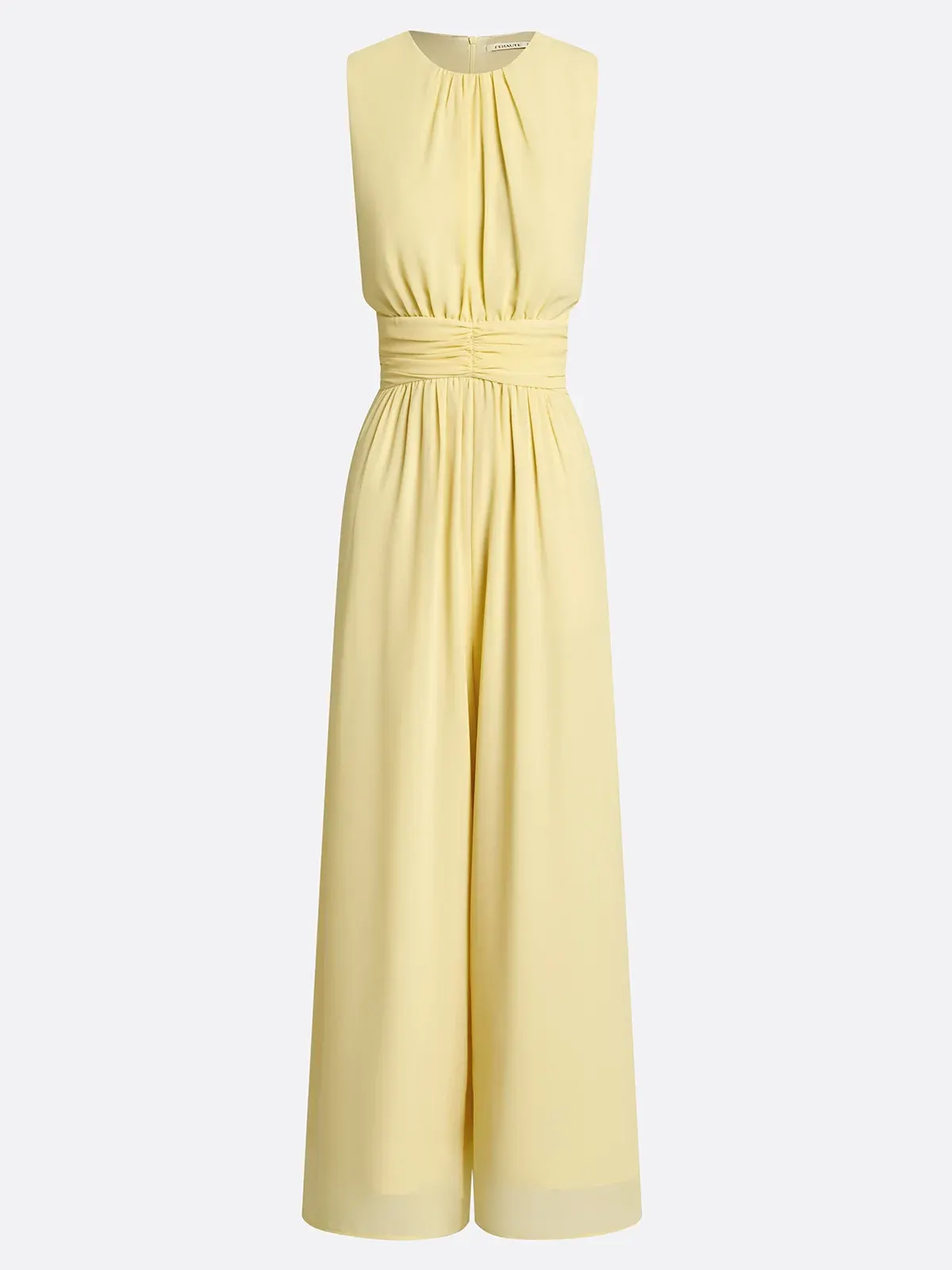 Women Yellow Chiffon Ruched Crew Neck Sleeveless Dressy Jumpsuit