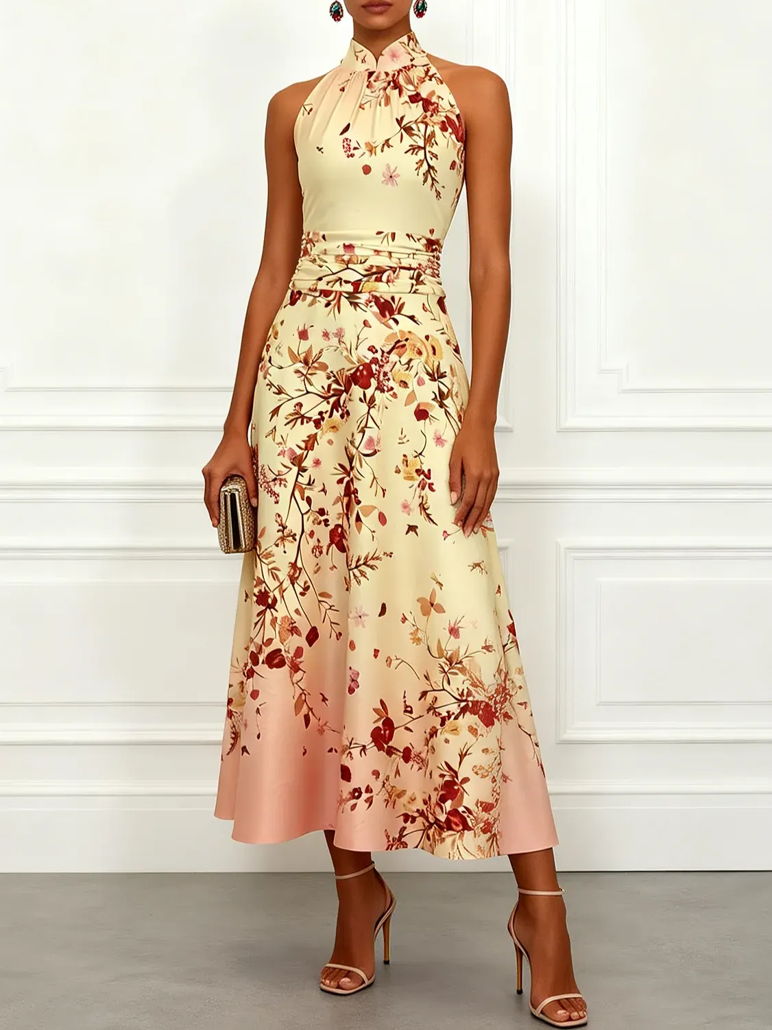 Pale Yellow Floral Classic Halter Mock Neck Sleeveless A-Line Maxi Dress - Orange