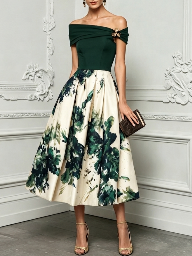 Black Metal Floral Knit Off The Shoulder Short Sleeve A-Line Midi Dress
