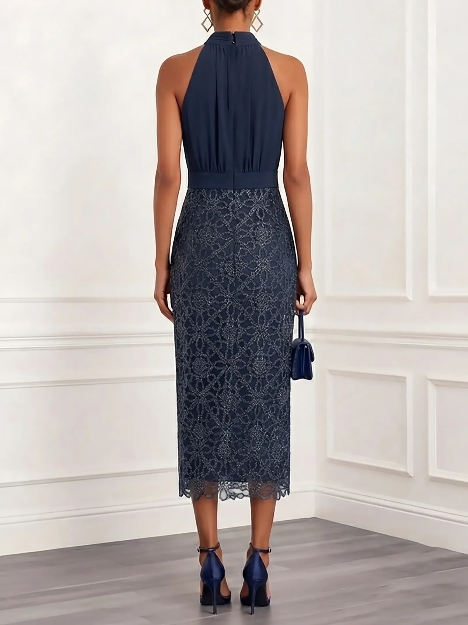 Purplish Blue Ruched Sequin Halter Neck Sleeveless Sheath Midi Dress - Purplish Blue