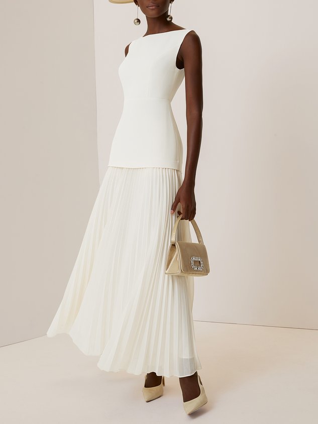 Off White Pleated Classic Boat Neck Sleeveless A-Line Floor-length Gown Dress