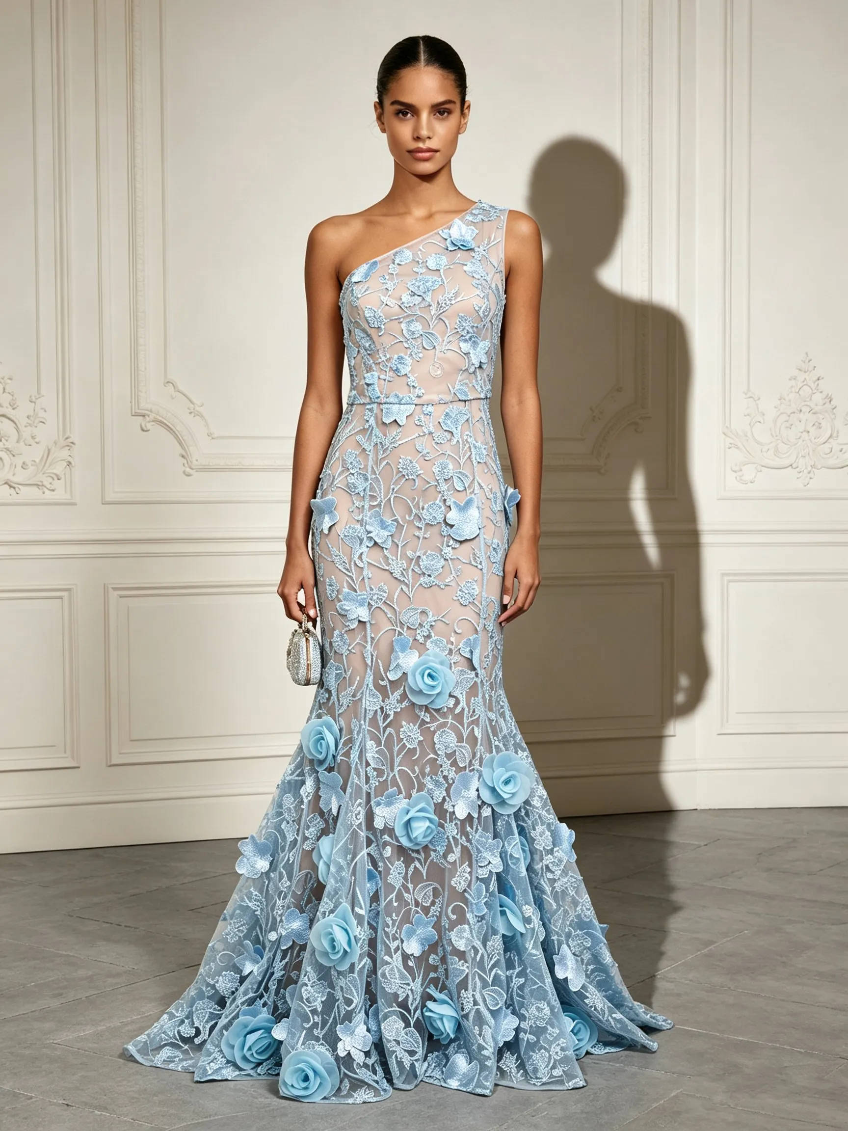 Light Blue 3D Floral Classic One Shoulder Sleeveless Mermaid Gown Dress