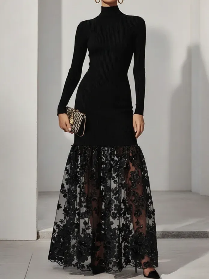 Black Mesh Floral Appliqué Knit Mock Neck Long Sleeve A-Line Maxi Dress - Black