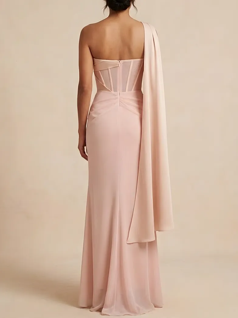 One-Shoulder Pale Pink Mother of the Bride Corset Dress with Drape - Pink