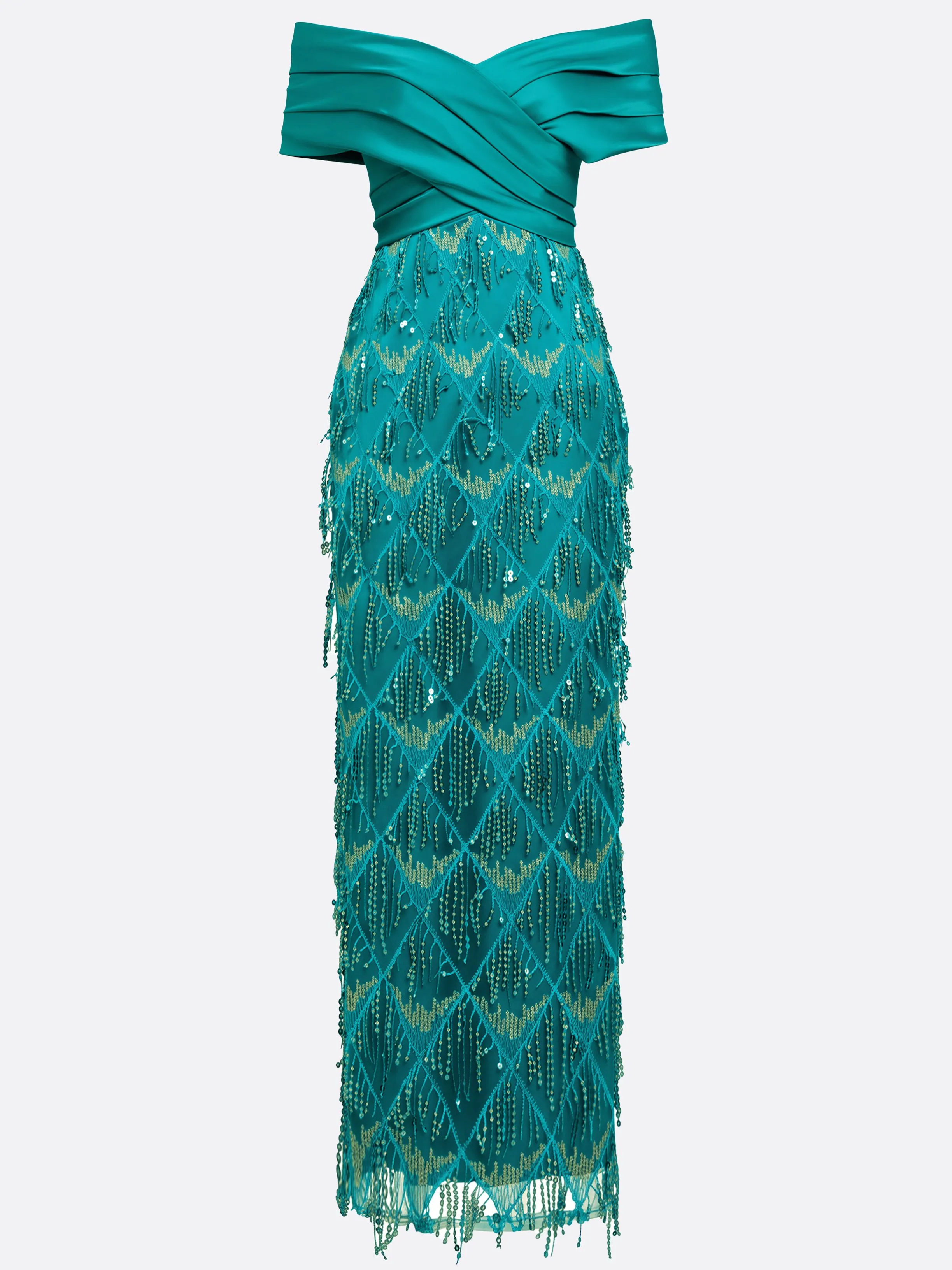 Cyan Tassel Cross Sequin Off The Shoulder Short Sleeve Sheath Midi Dress