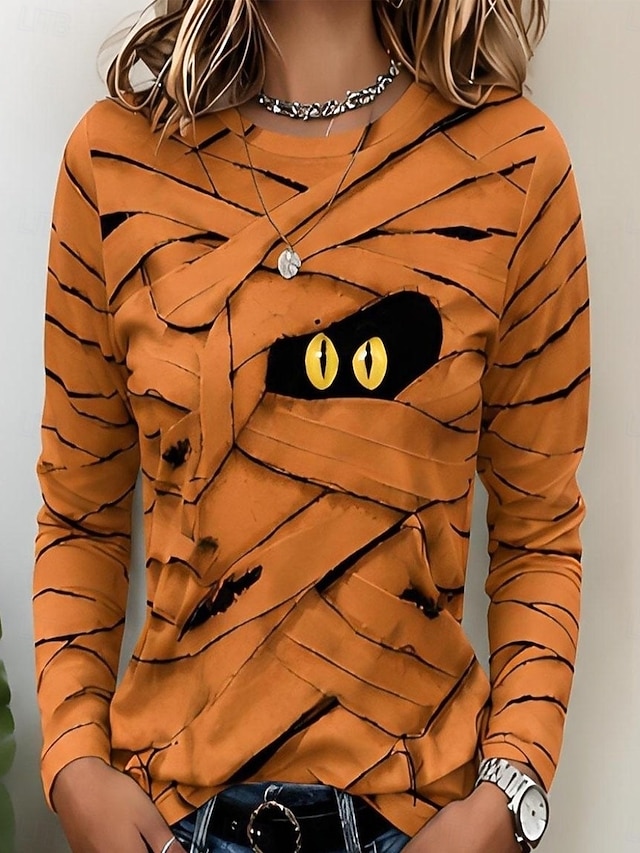 Halloween Women's T Shirt Print Graphic Geometric Witch Vintage Fashion Stylish Long Sleeve Crew Neck Round Neck Long Tops Casual Daily White Black Pink Orange Summer Spring Fall Winter - Orange