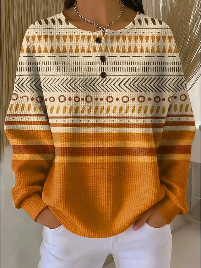 Women's Pullover Sweatshirt Buttons Graphic Geometric Fashion Casual Print Long Sleeve Crew Neck Regular Tops Casual Home Work Black Pink Orange khaki Spring Fall - Orange