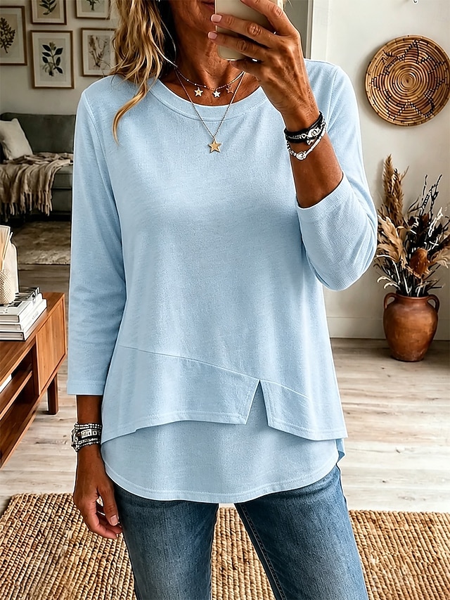 Women's 100% Cotton T Shirt Solid Color Stylish Casual 3/4 Length Sleeve Round Neck Regular Tops Casual Daily Blue White Black Pink Wine Summer Spring Fall - Blue