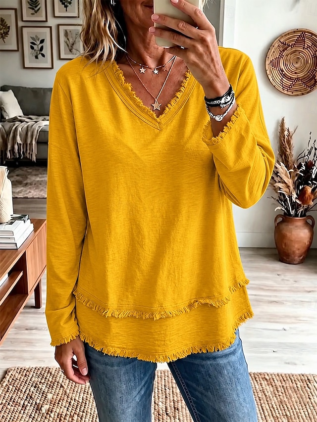 Women's T Shirt Fringe Daily Long Sleeve V Neck Regular Tops Casual Outdoor Streetwear Blue White Black Yellow Grey Fall Winter - Yellow