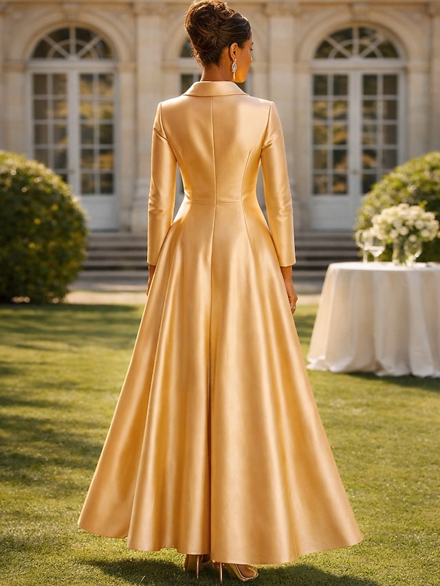 A-Line Floor Length Wedding Guest Dress Formal Dresses Flare Dress Mother of the Bride Dress Long Sleeve Shirt Collar Elegant Formal Wedding Guest Satin with Ruched - Vibrant Yellow