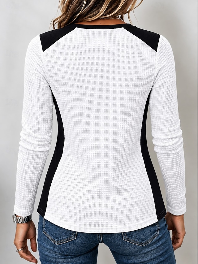 Women's Waffle Polo Shirts Solid Color Bohemia Active Vacation Long Sleeve High Neck Long Tops Casual Daily Holiday Blue White Yellow Red Summer Spring Fall Winter - White