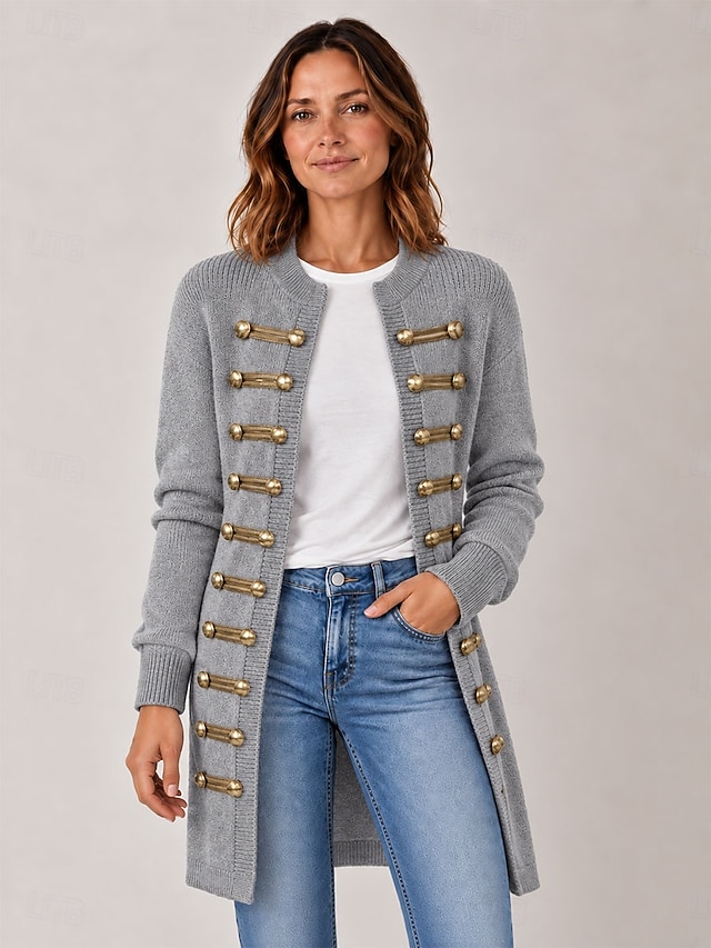 Women's Long Cardigan Knit Sweater Napoleonic Style Casual Ribbed Crew Neck Buttons Long Sleeve Long Tops Knit Club Party Halloween Blue Pink Fall - Gray