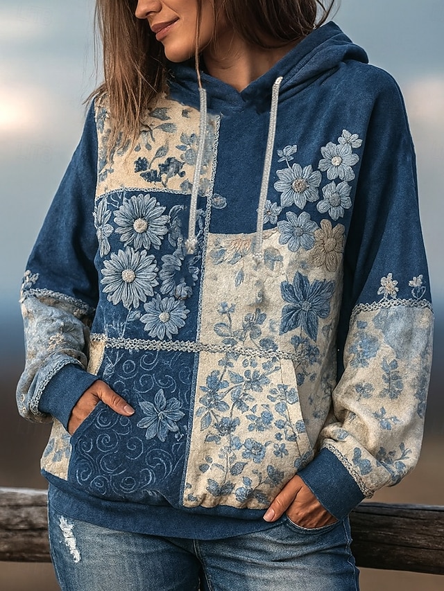 Women's 3D Print Vintage Boho Hoodie Patchwork Hoodie Sweatshirt Floral Viking Pullover Sweatshirt Floral Graphic Vintage Casual Long Sleeve Hooded Street Print Front Pocket Green Spring Fall Winter - Blue