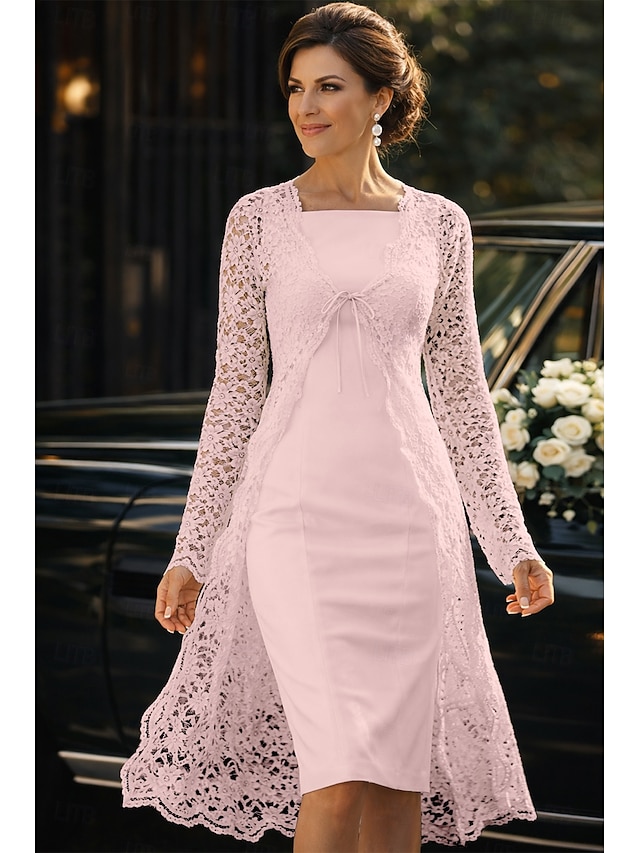 Two Piece Sheath Column Tea Length Wedding Guest Dress Mother of the Bride Dress Sleeveless Square Neck Elegant Wedding Guest Wedding Party Church Chiffon Lace Jacket Dresses with Lace Solid Color - Pink