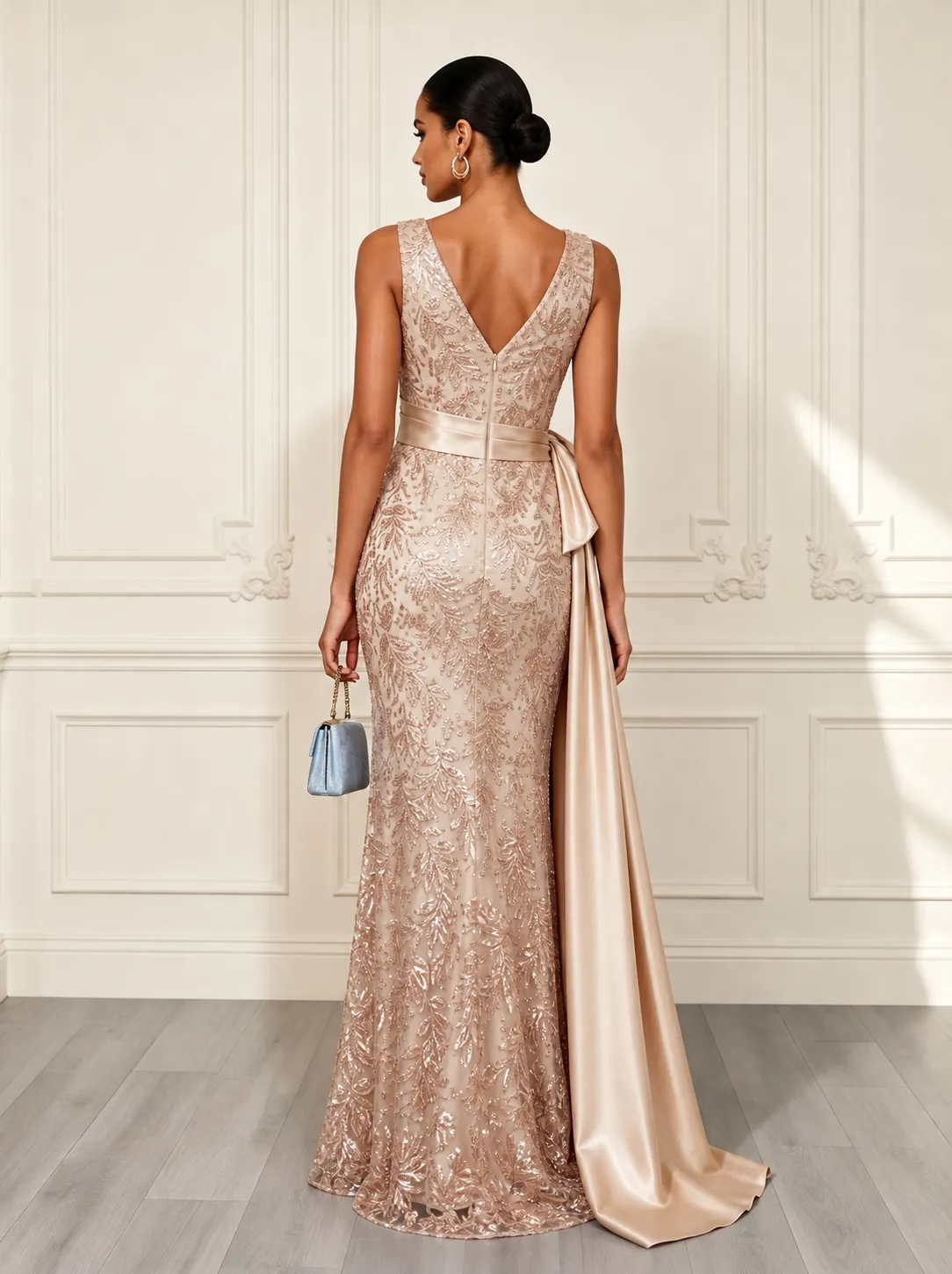 Champagne Lace V Neck Sleeveless Mermaid Gown Dress