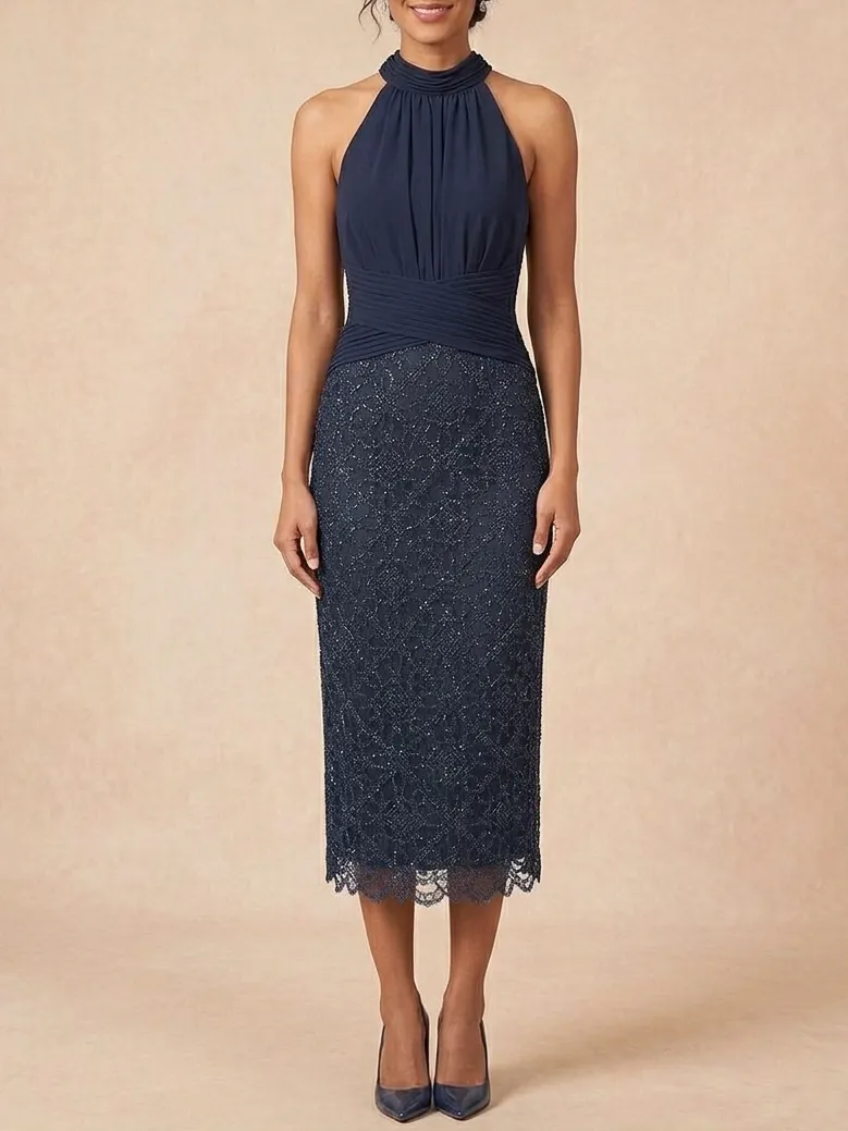 Navy Halter Midi Dress with Lace Skirt | Mother of the Bride & Groom Gown