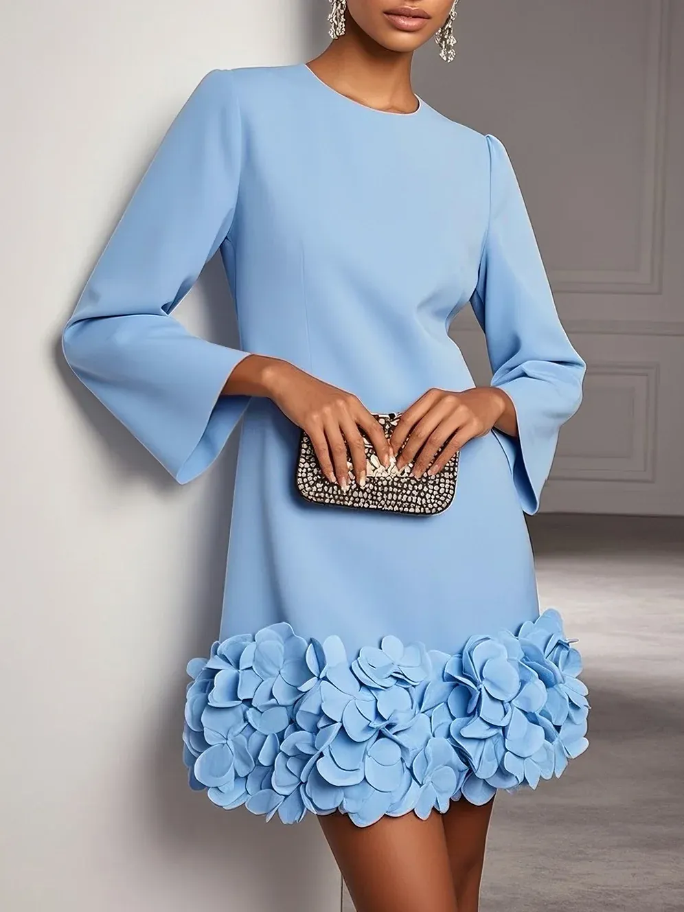 Light Blue 3D Floral Classic Crew Neck Bell Long Sleeve Shift Mini Dress - Light Blue
