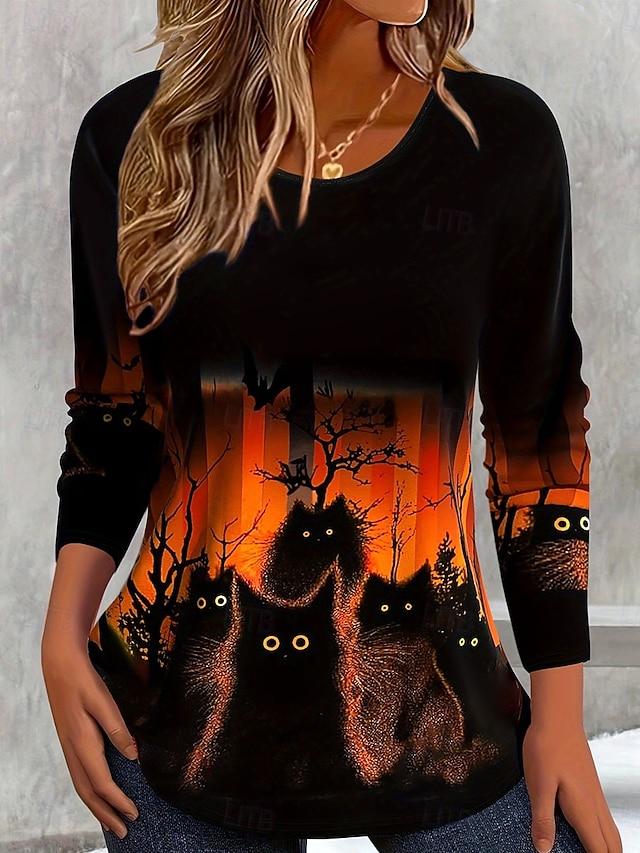 Halloween Women's Black Cat Spooky Forest Graphic T Shirt Glowing Eyes Bat Print Long Sleeve Crew Neck Casual Top Black Orange - Orange