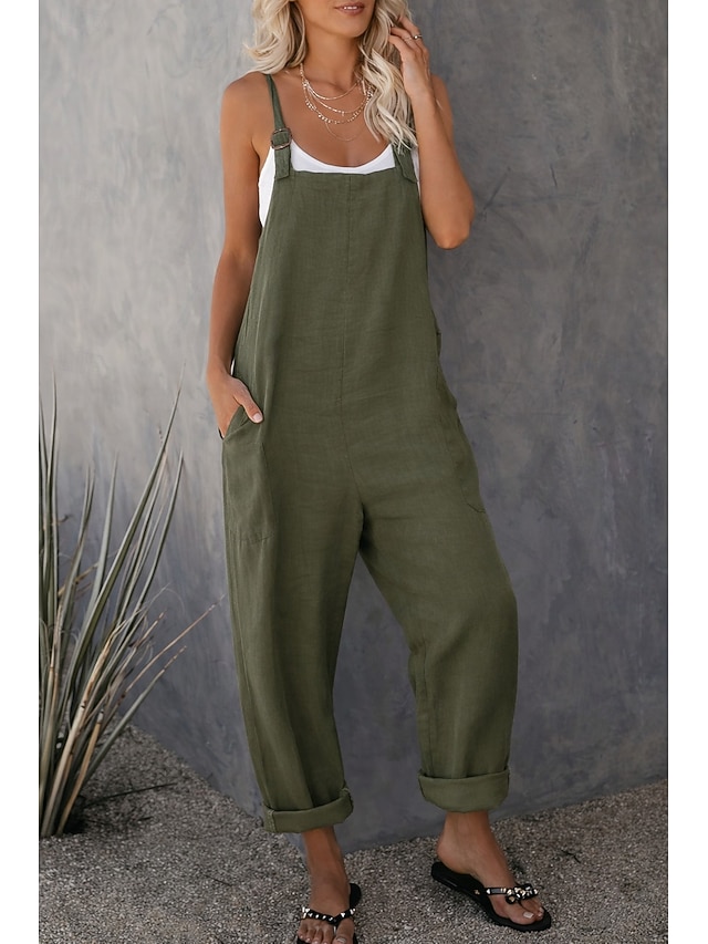 Women's Jumpsuits Casual Bib Utility Rompers Side Pockets Full Length Pants Weekend Inelastic Plain Faux Linen Comfort Mid Waist Green Black Red S M L XL XXL Summer Fall Dungarees - Green
