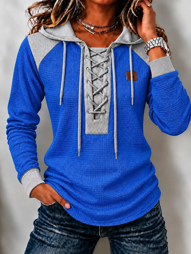 Women's Waffle Polo Shirts Drawstring Solid Color Bohemia Active Vacation Long Sleeve Hooded Regular Tops Casual Blue White Yellow Red Spring Fall Winter - Blue