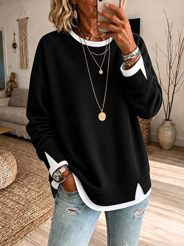 Women's Waffle Hoodies Textured Pullover Sweatshirt Pullover Patchwork Casual Long Sleeve Crew Neck Round Neck Long Tops Casual Black Khaki Grey Summer Spring Fall - Black