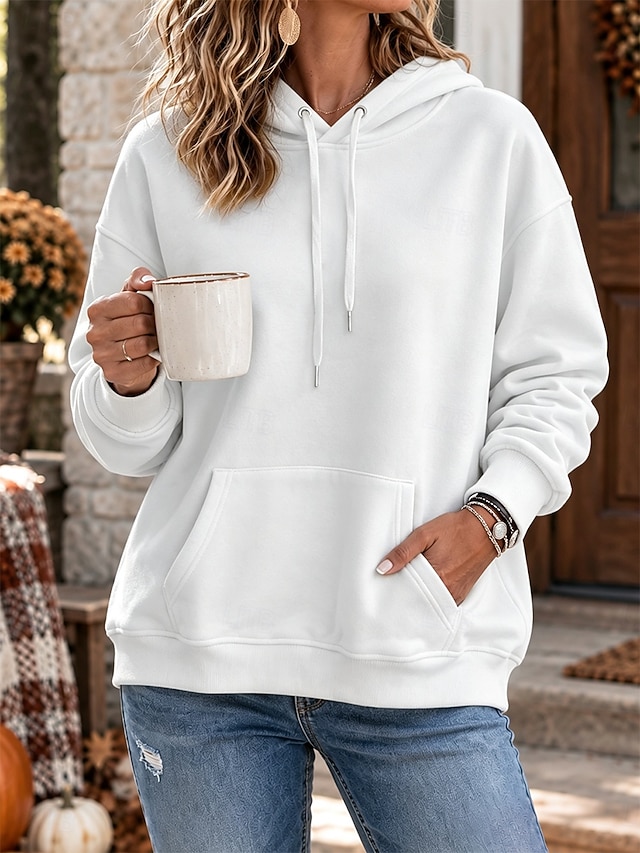 Women's Fleece Pullover Hoodie Sweatshirt Pullover Cotton Drawstring Elegant Ethnic Romantic Long Sleeve Round Neck Hooded Regular Tops Casual Holiday Blue White Black Yellow Pink Spring Fall Winter - White