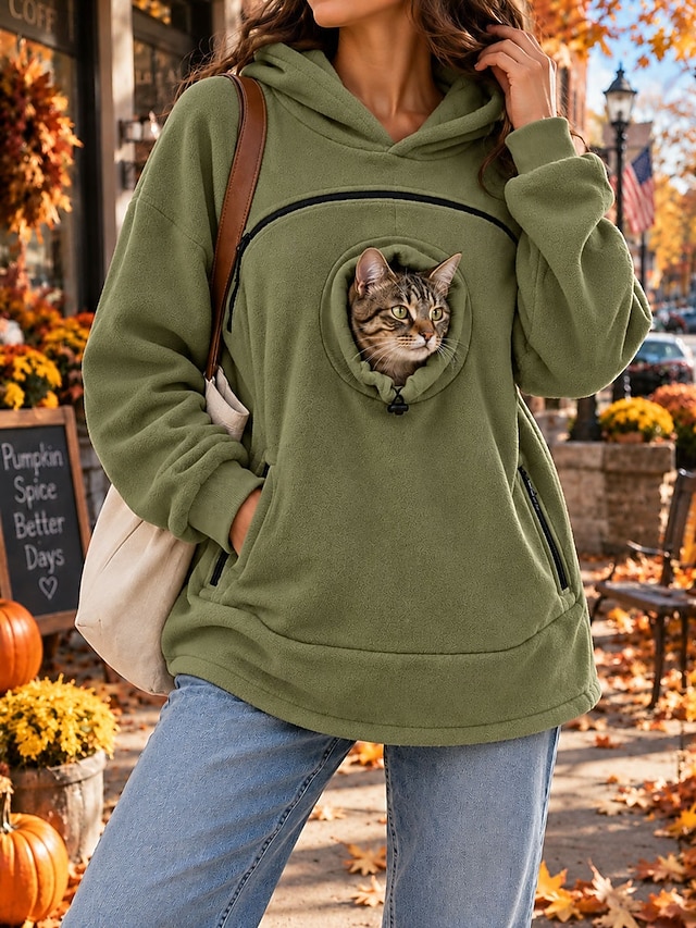Women's Pet Carrier Hoodie Pet Pouch Hoodie Fleece Casual Long Sleeve Hooded Regular Tops pale pinkish gray Black Olive Green Yellow Red Fall Winter - Olive Green