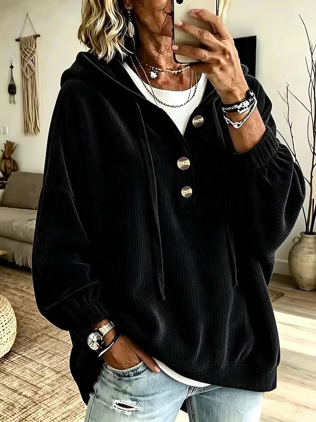 Women's Corduroy Tops Pocket Buttons Classic Modern Casual Long Sleeve Hooded Long Tops Casual Holiday Going out Blue Black Red Green Spring Fall - Black