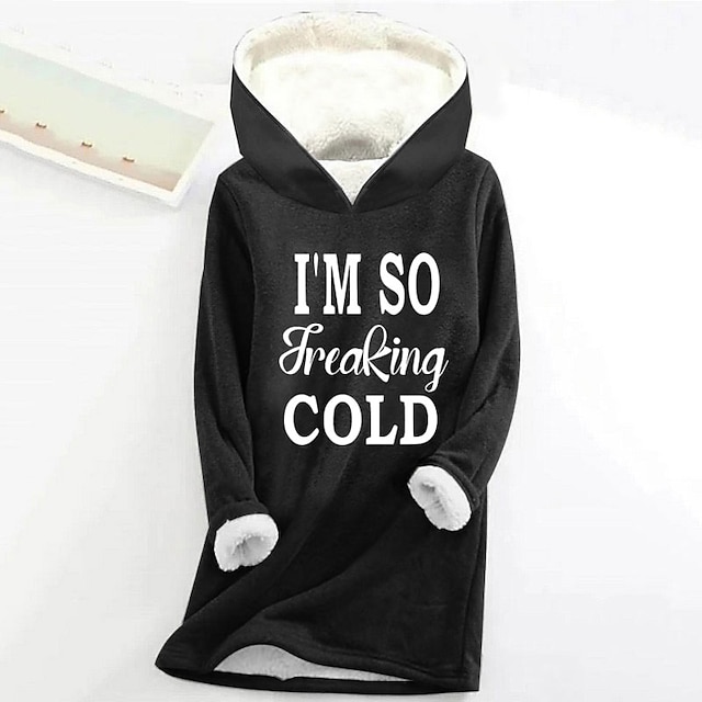 Women's Hoodie Sweatshirt Pullover Fleece Lined Sherpa Letter Casual Sports Print Warm Fuzzy Comfrt Hoodie Long Sleeve Top Micro-elastic Fall & Winter Comfrt Breathable Soft Fabric - Black