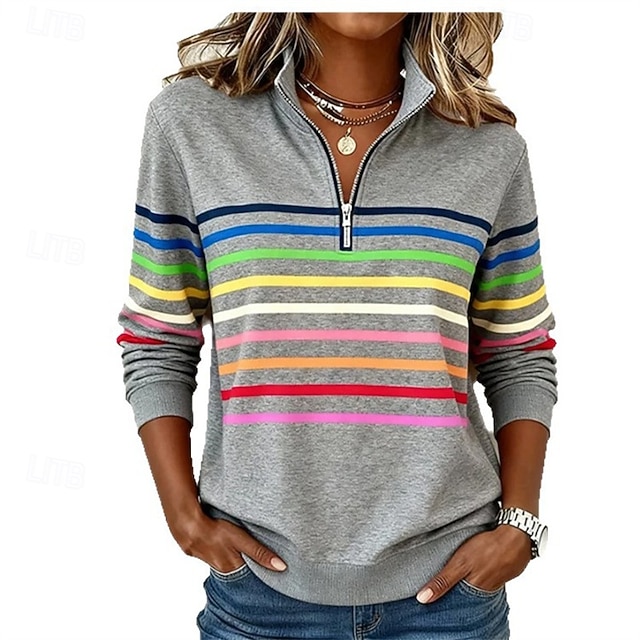 Women's Pullover Sweatshirt Patchwork Print Quarter Zip Plain Striped Elegant Warm Classic Long Sleeve V Neck Regular Tops Casual Home Work Green Dark Blue Grey Fall Winter - Grey