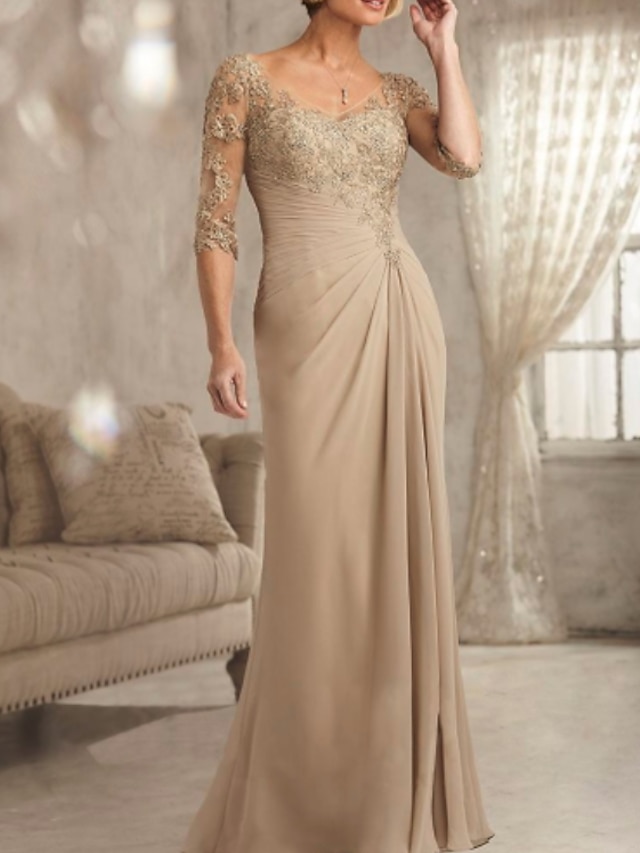 Sheath Column Floor Length Wedding Guest Dress Formal Dresses Evening Gown Mother of the Bride Dress Half Sleeve V Neck Plus Size Sexy See Through Wedding Guest Chiffon Lace with Lace - Champagne