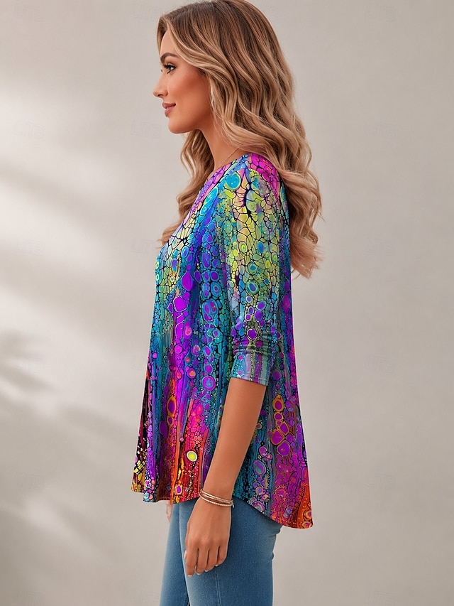Women's T shirt Long Sleeve Crew Neck Long Sleeve Tunic Casual Print Regular Tops Daily Rainbow Spring Fall Prefall - Blue