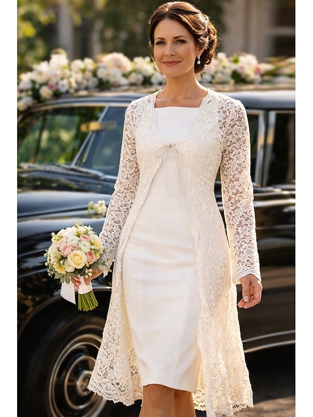 Two Piece Sheath Column Tea Length Wedding Guest Dress Mother of the Bride Dress Sleeveless Square Neck Elegant Wedding Guest Wedding Party Church Chiffon Lace Jacket Dresses with Lace Solid Color - Ivory