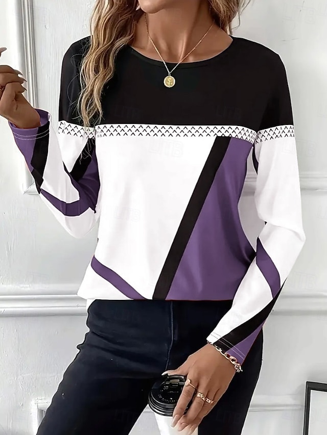 Easter Women's T shirt Long Sleeve Crew Neck Long Sleeve Tunic Graphic Plaid Vintage Stylish Classic Round Neck Regular Tops Daily Print Black Red Blue Purple Brown Fall Prefall - Purple