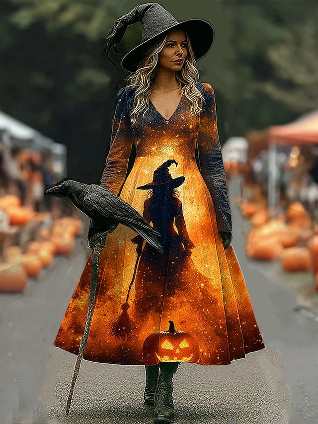 Halloween Women's Giant Skull Skeleton Print Midi Dress X Ray Rib Cage Graphic A Line V Neck Long Sleeve Gothic Costume Party Dress Gray - Orange