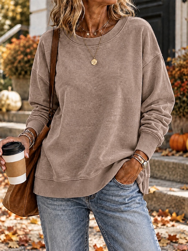 Women's Washed Cotton Pullover Sweatshirt Pullover Plain Active Vintage Casual Long Sleeve Crew Neck Regular Tops Casual Home Street Black Pink Purple khaki Army Green Spring Fall Winter - khaki