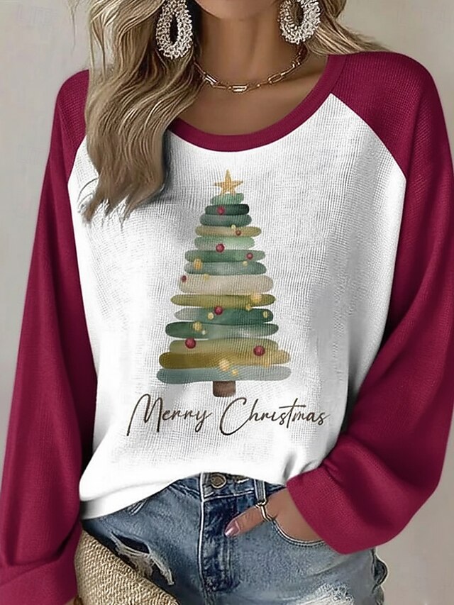 Christmas Women's Christmas Tree T Shirt Graphic Vintage Stylish Classic Long Sleeve Crew Neck Round Neck Regular Tops Daily Weekend Print Black Red Green Spring Fall Winter - Dusty Rose