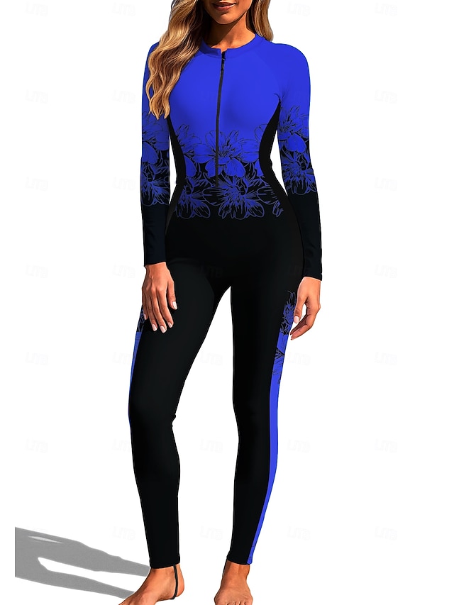 Women's Regular Rash Guard Full Body Rash Guard One Piece Surfing Suit Floral Tropical Color-blocking Zip Up with Built in Bra Front Zip UV Sun Protection Full Coverage UPF50+ Long Sleeve Full Body - Royal Blue