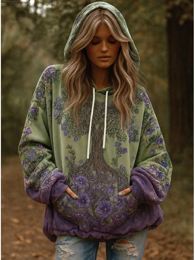 Women's 3D Print Vintage Boho Hoodie Patchwork Hoodie Sweatshirt Floral Viking Pullover Sweatshirt Floral Graphic Vintage Casual Long Sleeve Hooded Street Print Front Pocket Green Spring Fall Winter - Green
