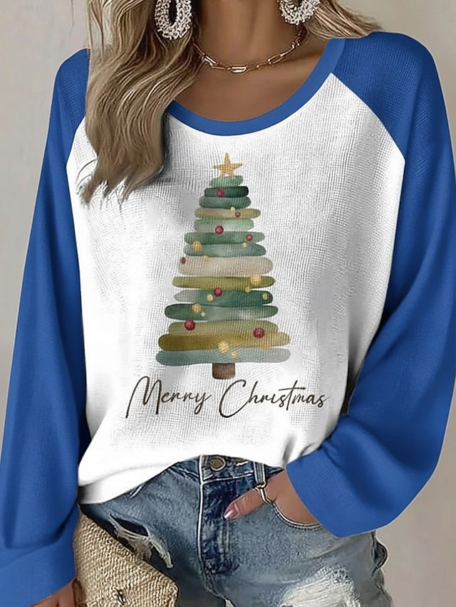 Christmas Women's Christmas Tree T Shirt Graphic Vintage Stylish Classic Long Sleeve Crew Neck Round Neck Regular Tops Daily Weekend Print Black Red Green Spring Fall Winter - Blue