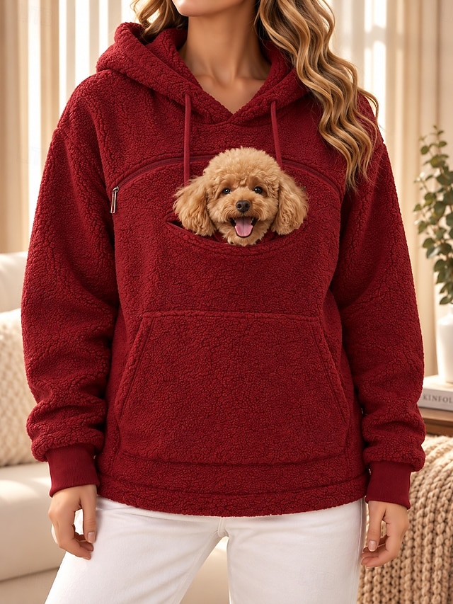 Women's Pet Carrier Hoodie Pet Pouch Hoodie Fleece Drawstring Zip Up Pocket Plain Casual Long Sleeve Hooded High Neck Regular Tops Blue White Ash Black Pink Fall Winter - Red